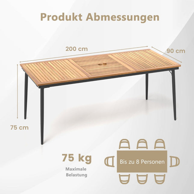 Outdoor Dining Table with Umbrella Hole, Acacia Wood, Seats 8