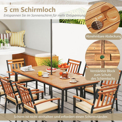 Outdoor Dining Table with Umbrella Hole, Acacia Wood, Seats 8