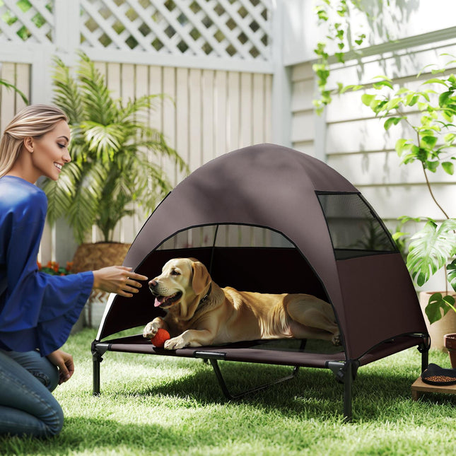 Outdoor raised dog bed with canopy - large, cooling, washable