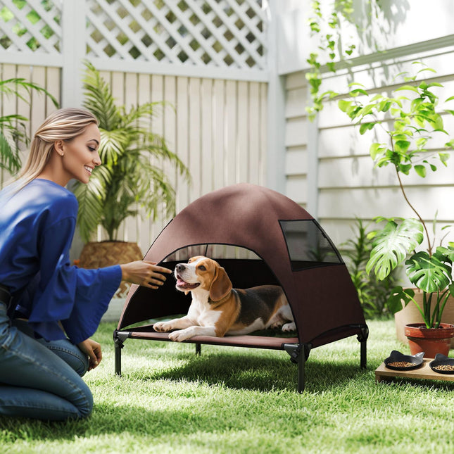 Outdoor elevated dog seat with roof - cooling mesh bed
