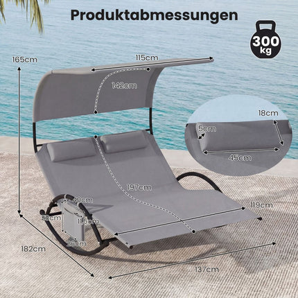 Outdoor Double Sun Lounger with Canopy and Headrests