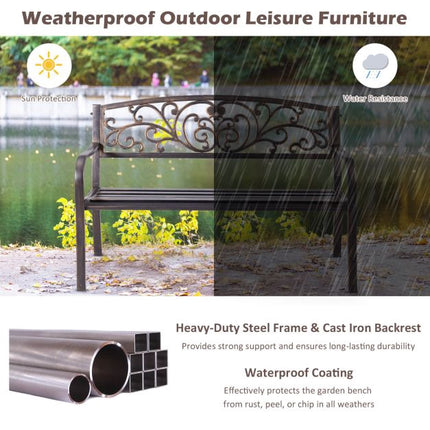Outdoor Garden Bench, Cast Iron Steel, 2-3 Seater, Bronze