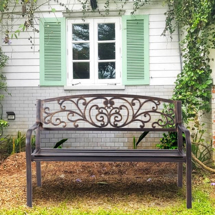 Outdoor Garden Bench, Cast Iron Steel, 2-3 Seater, Bronze