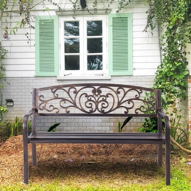 Outdoor Garden Bench, Cast Iron Steel, 2-3 Seater, Bronze