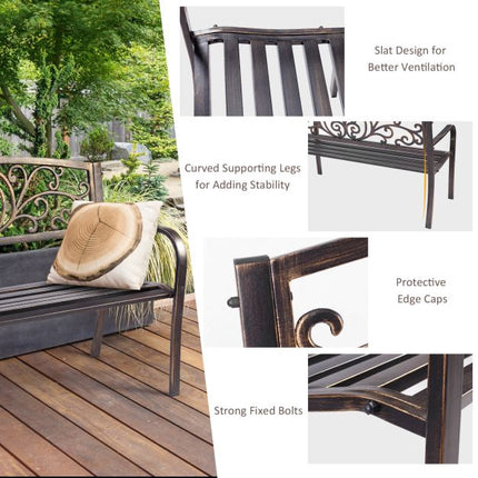 Outdoor Garden Bench, Cast Iron Steel, 2-3 Seater, Bronze