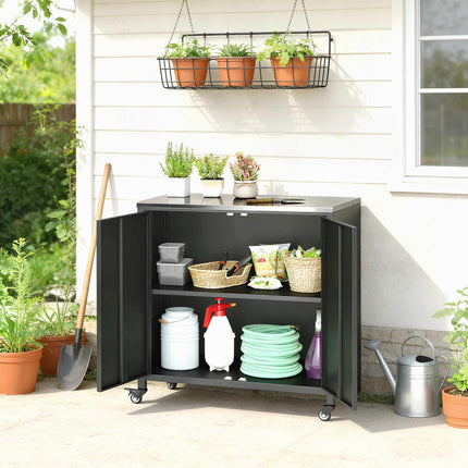 Outdoor Garden Cabinet with Stainless Steel Top, Mobile
