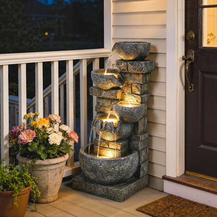 Outdoor Garden Fountain with 5-Tier Waterfall and LEDs