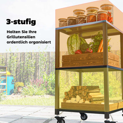 Outdoor Grill Cart, 3-Tier Stainless Steel, Mobile 50x50x90 cm