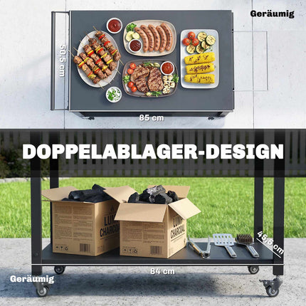 Outdoor Grill Cart with Wheels, 2-Tier, Black, 113x50.5x88 cm