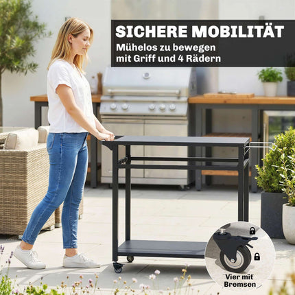 Outdoor Grill Cart with Wheels, 2-Tier, Black, 113x50.5x88 cm