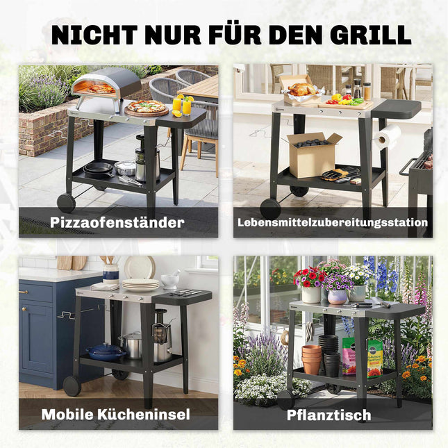 Outdoor Grill Cart with Wheels, Stainless Steel, Black, 115x67.5x80.5 cm