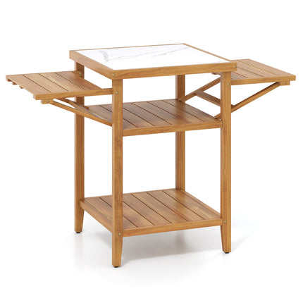 Outdoor Grill Table, Acacia Wood, Faux Marble Top, Drop-Leaf Sides
