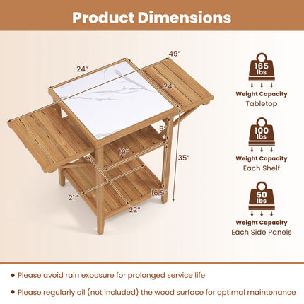 Outdoor Grill Table, Acacia Wood, Faux Marble Top, Drop-Leaf Sides