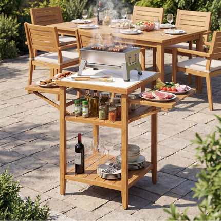 Outdoor Grill Table, Acacia Wood, Faux Marble Top, Drop-Leaf Sides