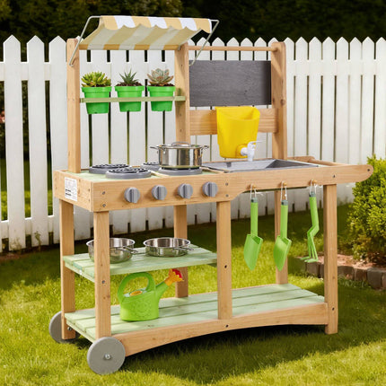 Outdoor Kids Mud Kitchen, Fir Wood Sink, Canopy, Wheels