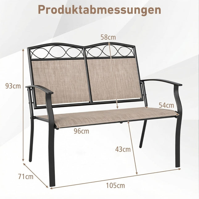 Metalowa ławka ogrodowa dla 2 osób, udźwig 300 kg, materiał szybkoschnący