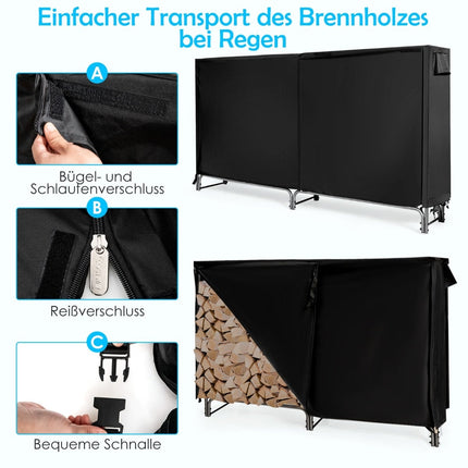 Outdoor Metal Firewood Rack with Waterproof Cover, 184x35.5x122.5 cm