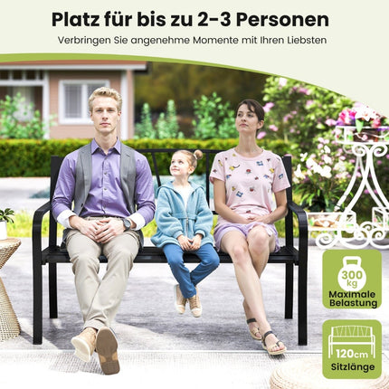 Outdoor Metal Garden Bench, Black, 2-3 Seater, Weatherproof