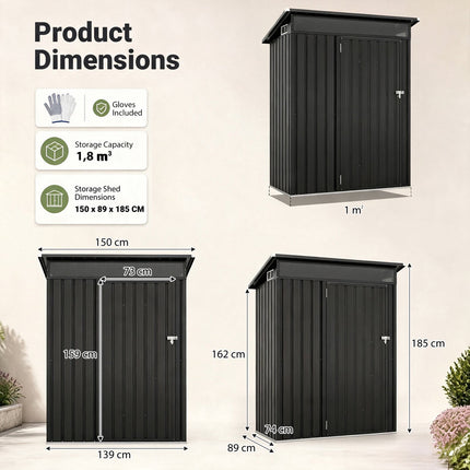 Outdoor Metal Storage Shed, Lockable Door, 150x89x185 CM