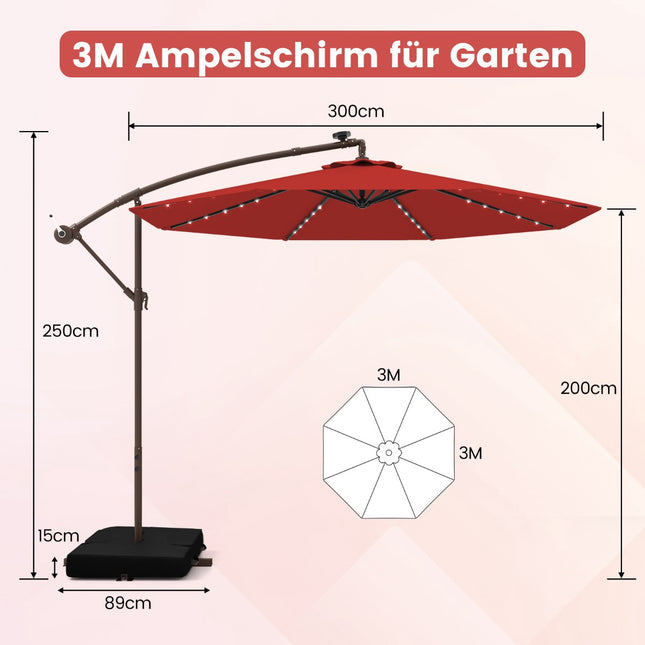 Outdoor Patio Umbrella with Solar LED Lights, 3m, Red