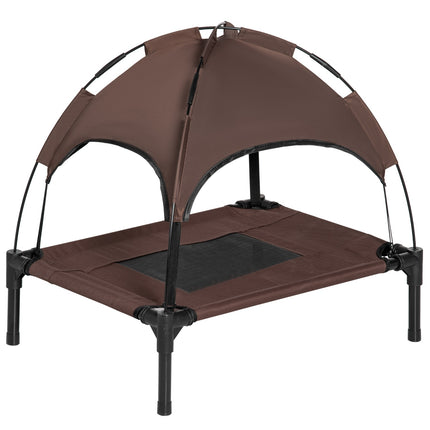 Elevated outdoor dog bed with canopy, breathable fabric, coffee