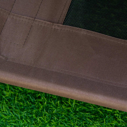 Elevated outdoor dog bed with canopy, breathable fabric, coffee