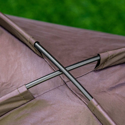 Elevated outdoor dog bed with canopy, breathable fabric, coffee