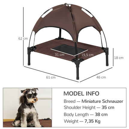 Elevated outdoor dog bed with canopy, breathable fabric, coffee
