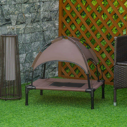 Elevated outdoor dog bed with canopy, breathable fabric, coffee