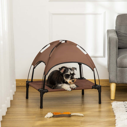 Elevated outdoor dog bed with canopy, breathable fabric, coffee