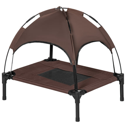 Elevated outdoor dog bed with canopy, breathable fabric, coffee