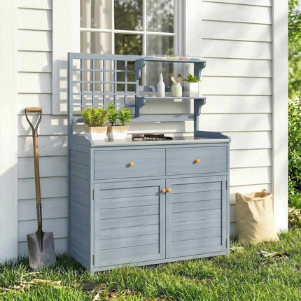 Outdoor Potting Bench with Zinc Top, 2 Drawers, 104x44x140 cm