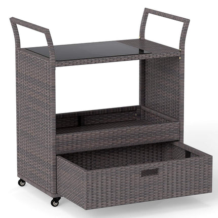Outdoor Rattan Bar Cart with Glass Top and Storage