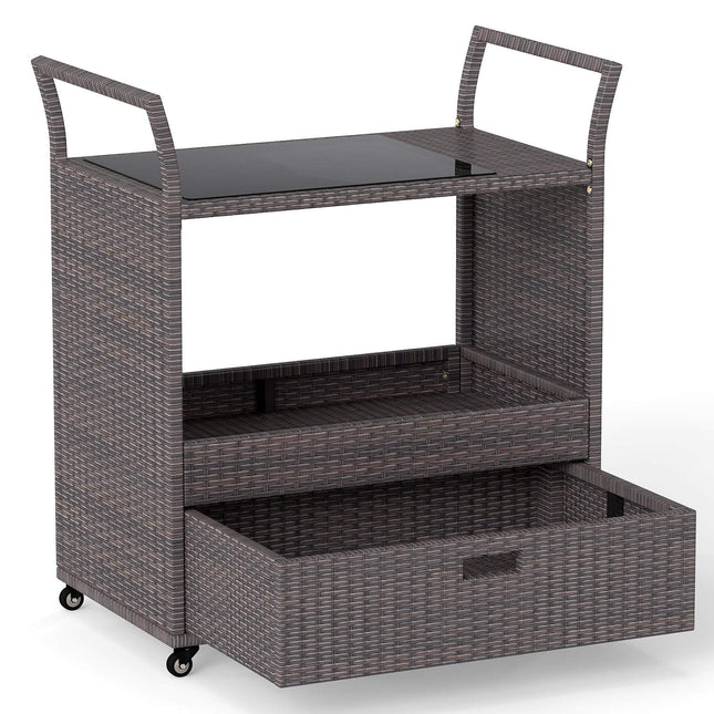 Outdoor Rattan Bar Cart with Glass Top and Storage