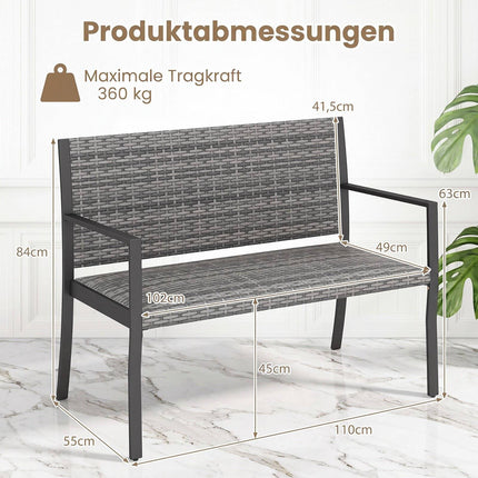 Outdoor Rattan Garden Bench, Grey – 2-Seater with Armrests