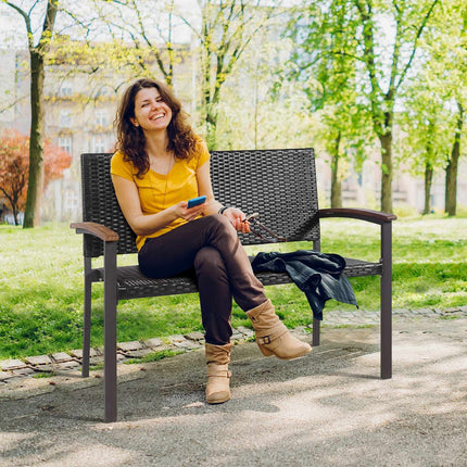 Outdoor Rattan Loveseat Bench, Acacia Armrests, 45 Inch