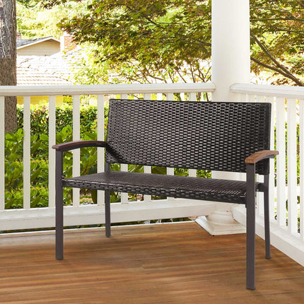 Outdoor Rattan Loveseat Bench, Acacia Armrests, 45 Inch