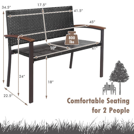 Outdoor Rattan Loveseat Bench, Acacia Armrests, 45 Inch