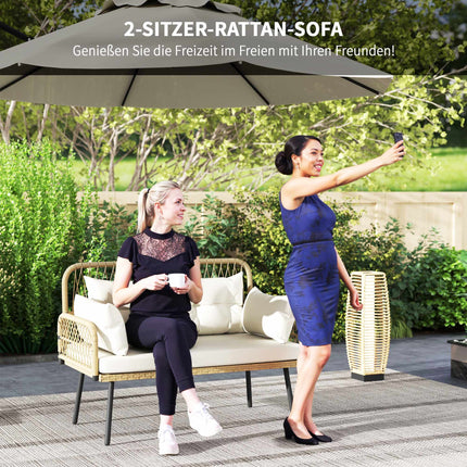 Outdoor Rattan Sofa with Cushions, 2-Seater, 115x61x82 cm