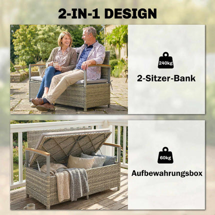 Outdoor Rattan Storage Bench, 2-Seater, 170L Capacity