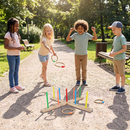 Outdoor Ring Toss Game with 5 Rope Rings, Solid Wood Frame