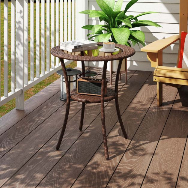 Outdoor Round Bistro Table – Tempered Glass Top, Storage Shelf