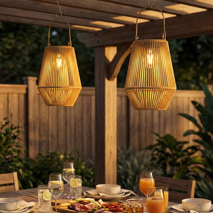Outdoor Solar Lantern Set, Hanging Rattan, IP44 Waterproof