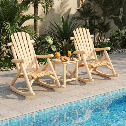 Outdoor Solid Wood Rocking Chair with High Backrest, Slatted Base, Natural