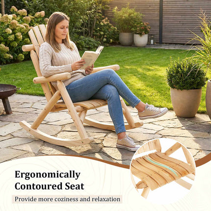 Outdoor Solid Wood Rocking Chair with High Backrest, Slatted Base, Natural