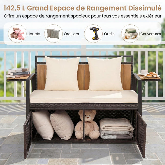 Ławka ogrodowa ze schowkiem, 2-osobowa, rattan PE, 142,5 l