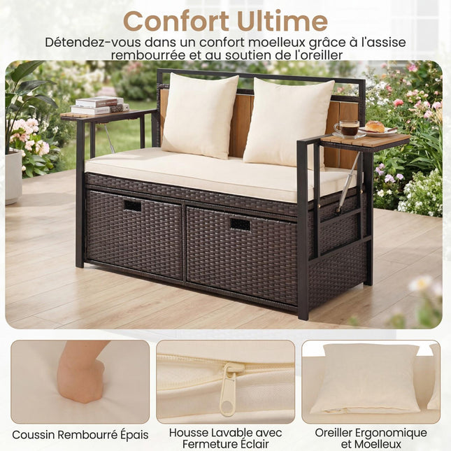Ławka ogrodowa ze schowkiem, 2-osobowa, rattan PE, 142,5 l