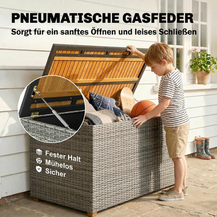 Outdoor Storage Box 450L, Waterproof Rattan, Wood Lid