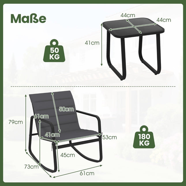 Outdoor Swing Bistro Set – 2 Chairs & Glass Table, Grey