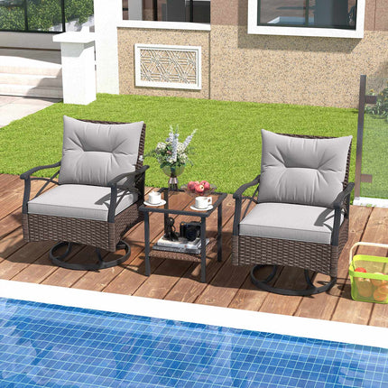 Outdoor Swivel Rocking Chair Set, 3-Piece With Glass Table